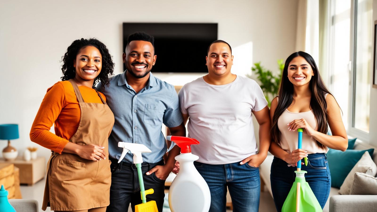 A diverse team of professional cleaners smiling in a bright modern living room