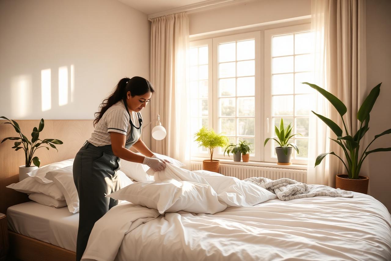 Cleaning professional making a bed with fresh white linens