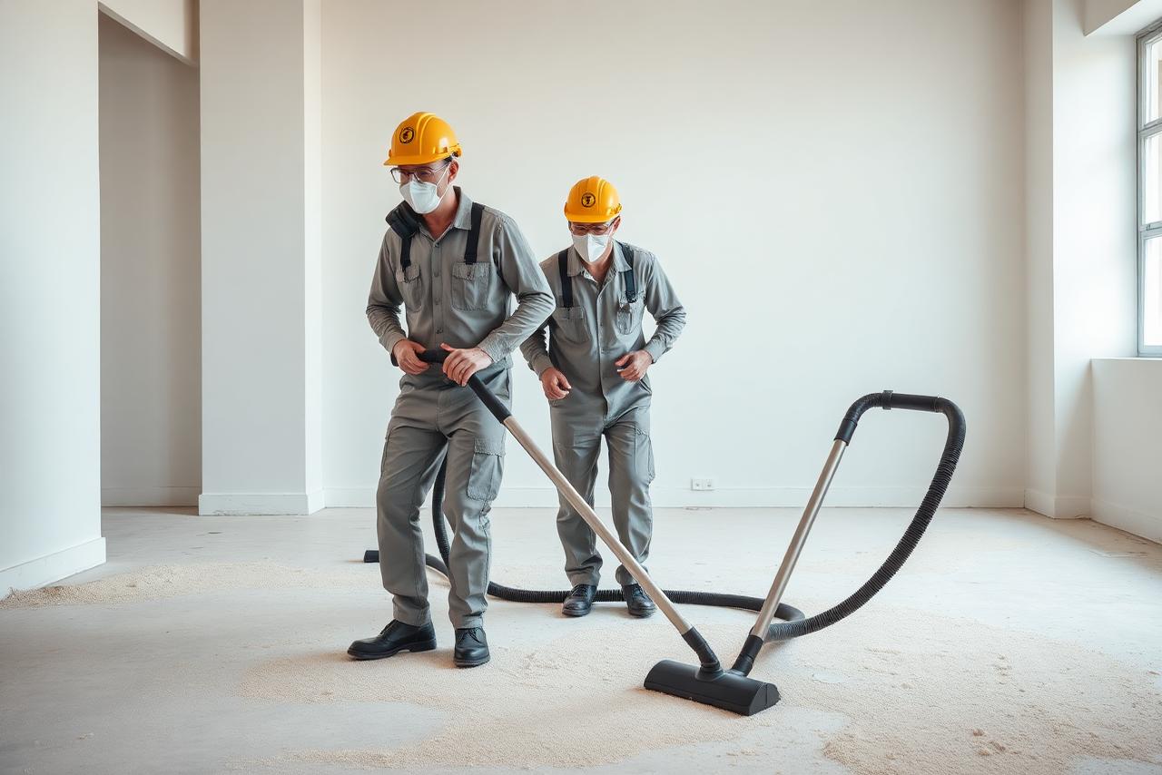 Two professionals removing construction dust with an industrial vacuum