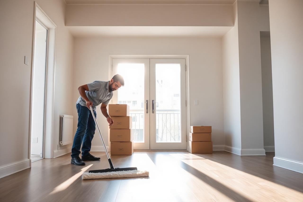 Cleaning professional mopping an empty apartment with moving boxes