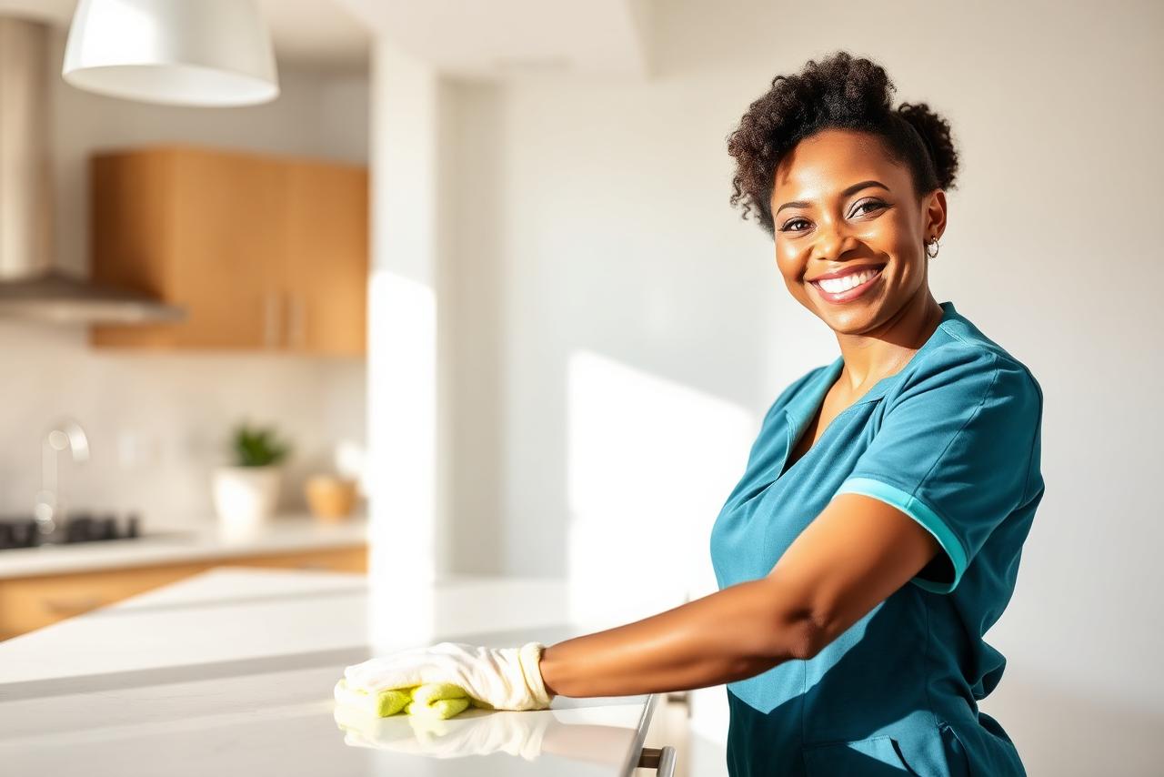 Cleaning professional wiping a kitchen counter in a bright modern home